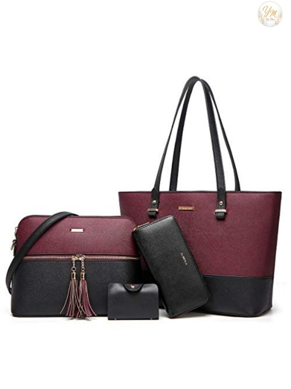 Synthetic Leather Satchel Tote Bag Set With Wallet Clutch & Card Holder